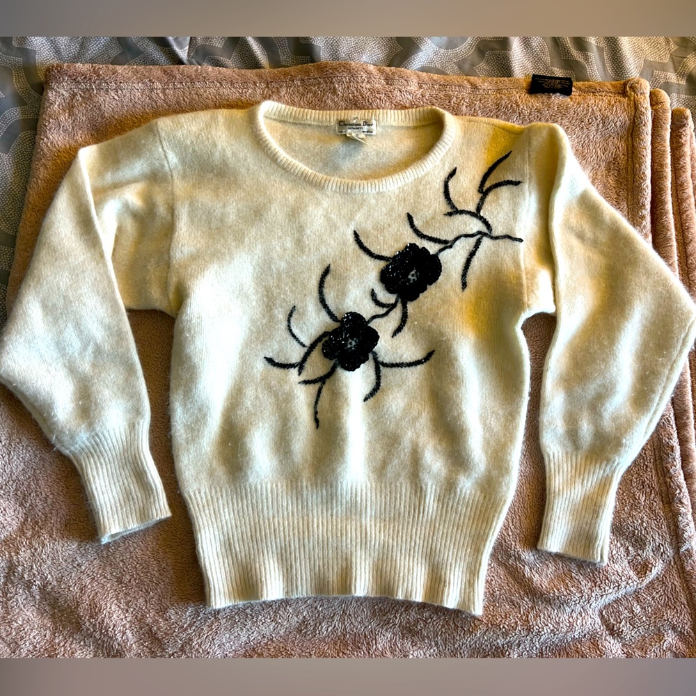 Christian Dior cream lake wool, angora, rabbit hair sweater with black flower.